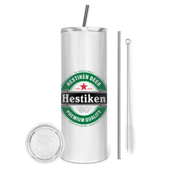 Hestiken Beer, Tumbler ποτήρι θερμό από ανοξείδωτο ατσάλι 600ml, με μεταλλικό καλαμάκι & βούρτσα καθαρισμού