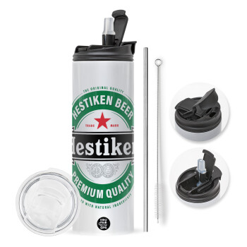 Hestiken Beer, Travel Tumbler 2 Lids, with metal straw & cleaning brush (Stainless steel 304 Food grade, BPA free, 600ml)