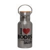 Stainless steel metallic thermos flask, silver with a bamboo lid, double-walled, 350ml.