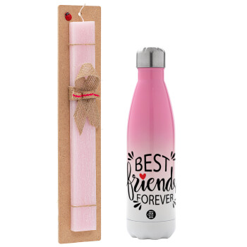 Best Friends forever, Easter Set, Metallic pink/white (Stainless steel) thermos, double-walled, 500ml & aromatic flat Easter candle (30cm) (PINK)