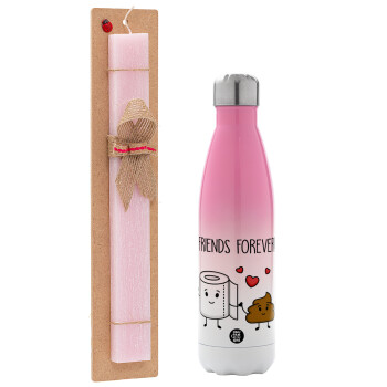 Friends forever, Easter Set, Metallic pink/white (Stainless steel) thermos, double-walled, 500ml & aromatic flat Easter candle (30cm) (PINK)