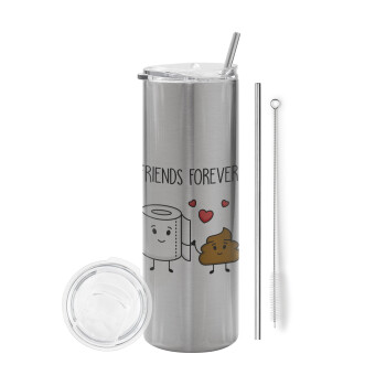 Friends forever, Tumbler stainless steel Silver 600ml, with metal straw & cleaning brush