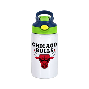 Chicago Bulls, Children's hot water bottle, stainless steel, with safety straw, green, blue (350ml)