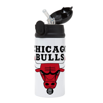 Chicago Bulls, Children's hot water bottle, stainless steel, with safety straw, Black (360ml) BPA-FREE