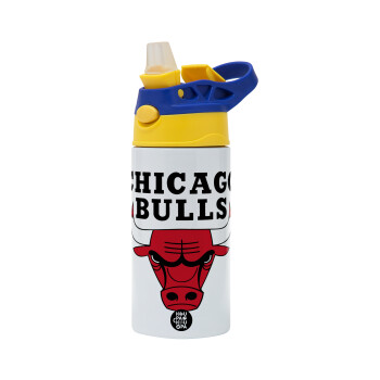 Chicago Bulls, Children's hot water bottle, stainless steel, with safety straw, green, blue (360ml) BPA FREE