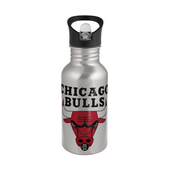 Chicago Bulls, Water bottle Silver with straw, stainless steel 500ml