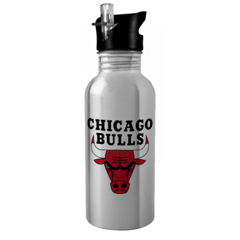 Chicago Bulls, Παγούρι νερού Ασημένιο με καλαμάκι, ανοξείδωτο ατσάλι 600ml
