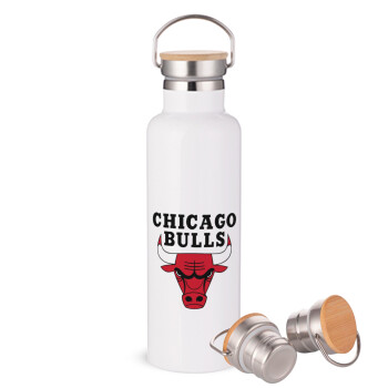 Chicago Bulls, Stainless steel White with wooden lid (bamboo), double wall, 750ml