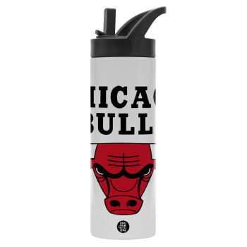 Chicago Bulls, Metallic thermos bottle with straw & handle, stainless steel (Stainless steel 304), double-walled, 600ml.