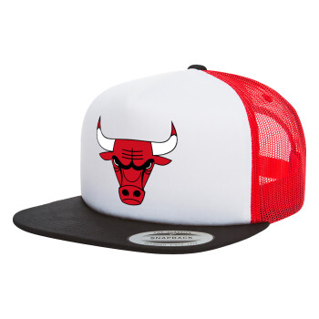 Chicago Bulls, Adult Foam Flat Snapback with Mesh Black-White-Red (POLYESTER, ADULT, UNISEX, ONE SIZE)