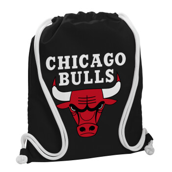 Chicago Bulls, Τσάντα πλάτης πουγκί GYMBAG Μαύρη, με τσέπη (40x48cm) & χονδρά λευκά κορδόνια