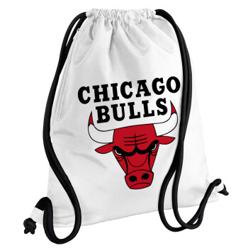 Chicago Bulls, Τσάντα πλάτης πουγκί GYMBAG λευκή, με τσέπη (40x48cm) & χονδρά κορδόνια