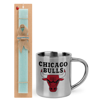 Chicago Bulls, Πασχαλινό Σετ, μεταλλική κούπα θερμό (300ml) & πασχαλινή λαμπάδα αρωματική πλακέ (30cm) (ΤΙΡΚΟΥΑΖ)