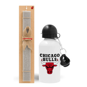 Chicago Bulls, Easter Set, metallic aluminum water bottle (500ml) & aromatic flat Easter candle (30cm) (GRAY)