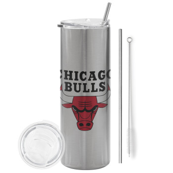 Chicago Bulls, Eco friendly stainless steel Silver tumbler 600ml, with metal straw & cleaning brush