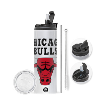 Chicago Bulls, Travel Tumbler θερμό με διπλό καπάκι, μεταλλικό καλαμάκι και βούρτσα καθαρισμού (Ανωξείδωτο 304 Food grade, BPA free, 600ml)