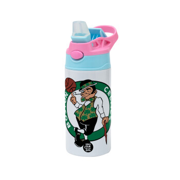 Boston Celtics, Children's hot water bottle, stainless steel, with safety straw, Pink/BlueCiel (360ml) BPA FREE