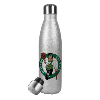 Boston Celtics, Μεταλλικό παγούρι θερμός Glitter Aσημένιο (Stainless steel), διπλού τοιχώματος, 500ml