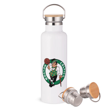 Boston Celtics, Stainless steel White with wooden lid (bamboo), double wall, 750ml