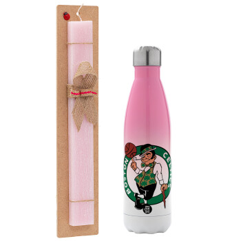 Boston Celtics, Easter Set, Metallic pink/white (Stainless steel) thermos, double-walled, 500ml & aromatic flat Easter candle (30cm) (PINK)