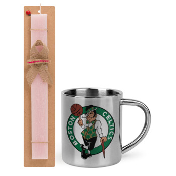 Boston Celtics, Easter Set, metallic thermal cup (300ml) & aromatic flat Easter candle (30cm) (PINK)