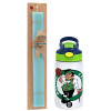 Easter Set, Children's thermal stainless steel bottle with safety straw, green/blue (350ml) & aromatic flat Easter candle (30cm) (TURQUOISE)