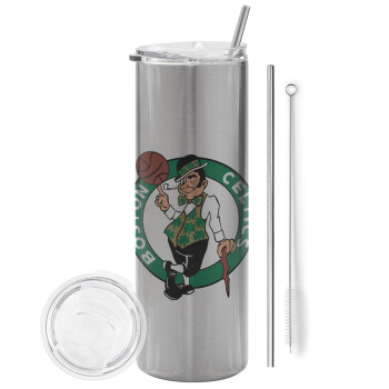 Boston Celtics, Eco friendly stainless steel Silver tumbler 600ml, with metal straw & cleaning brush