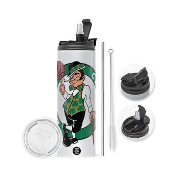 Boston Celtics, Travel Tumbler 2 Lids, with metal straw & cleaning brush (Stainless steel 304 Food grade, BPA free, 600ml)