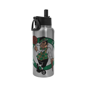 Boston Celtics, Metal mug thermo Silver with Straw and Spout Lid (Stainless steel), double wall, 950ml