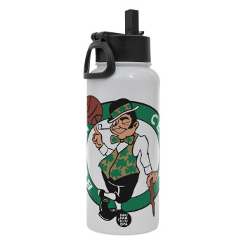 Boston Celtics, Metal mug thermo White with Straw and Spout Lid (Stainless steel), double wall, 950ml