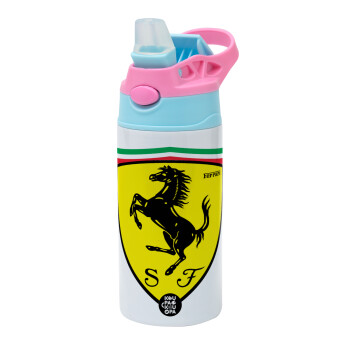 Ferrari, Children's hot water bottle, stainless steel, with safety straw, Pink/BlueCiel (360ml) BPA FREE