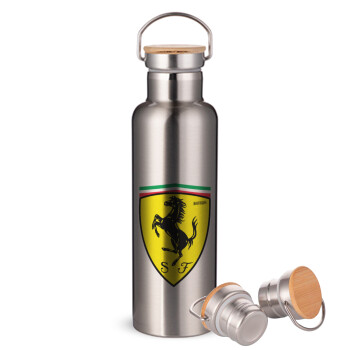 Ferrari, Stainless steel Silver with wooden lid (bamboo), double wall, 750ml