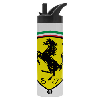 Ferrari, Metallic thermos bottle with straw & handle, stainless steel (Stainless steel 304), double-walled, 600ml.