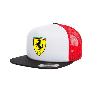 Ferrari, Adult Foam Flat Snapback with Mesh Black-White-Red (POLYESTER, ADULT, UNISEX, ONE SIZE)