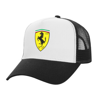 Ferrari, Adult Structured Trucker Hat, with Mesh, WHITE/BLACK (100% COTTON, ADULT, UNISEX, ONE SIZE)