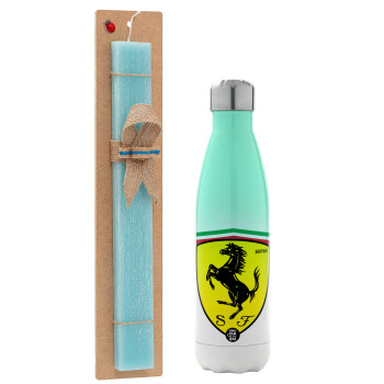 Ferrari, Easter Set, Metallic green/white thermos (Stainless steel), double-walled, 500ml & scented flat Easter candle (30cm) (TURQUOISE)