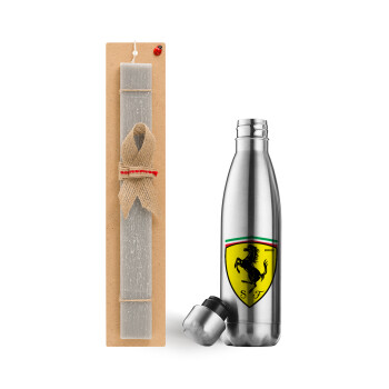 Ferrari, Easter Set, metallic stainless thermos flask (500ml) & scented flat Easter candle (30cm) (GRAY)