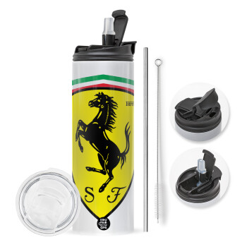 Ferrari, Travel Tumbler θερμό με διπλό καπάκι, μεταλλικό καλαμάκι και βούρτσα καθαρισμού (Ανωξείδωτο 304 Food grade, BPA free, 600ml)