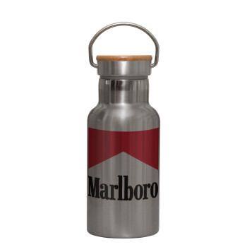 Marlboro, Μεταλλικό παγούρι θερμός (Stainless steel) Ασημένιο με ξύλινο καπακι (bamboo), διπλού τοιχώματος, 350ml