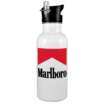 Marlboro, White water bottle with straw, stainless steel 600ml