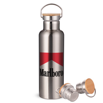 Marlboro, Μεταλλικό παγούρι θερμός (Stainless steel) Ασημένιο με ξύλινο καπακι (bamboo), διπλού τοιχώματος, 750ml