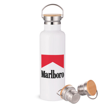 Marlboro, Μεταλλικό παγούρι θερμός (Stainless steel) Λευκό με ξύλινο καπακι (bamboo), διπλού τοιχώματος, 750ml