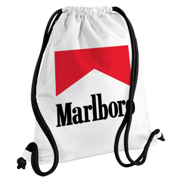 Marlboro, Backpack pouch GYMBAG white, with pocket (40x48cm) & thick cords