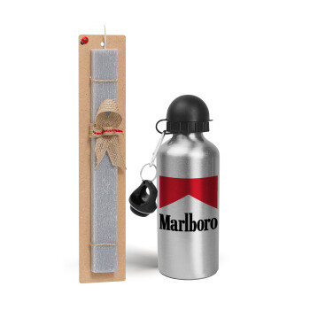 Marlboro, Easter Set, metallic silver aluminum water bottle (500ml) & aromatic flat Easter candle (30cm) (GRAY)