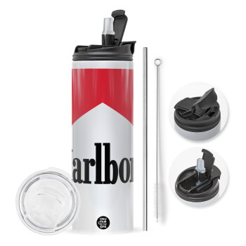 Marlboro, Travel Tumbler θερμό με διπλό καπάκι, μεταλλικό καλαμάκι και βούρτσα καθαρισμού (Ανωξείδωτο 304 Food grade, BPA free, 600ml)