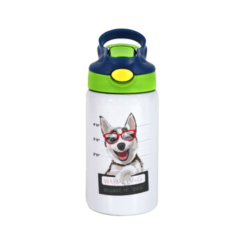 Warning, beware of Dog, Παιδικό παγούρι θερμό, ανοξείδωτο, με καλαμάκι ασφαλείας, πράσινο/μπλε (350ml)