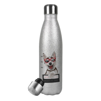 Warning, beware of Dog, Metallic Glitter Silver Thermos Flask (Stainless steel), double-walled, 500ml