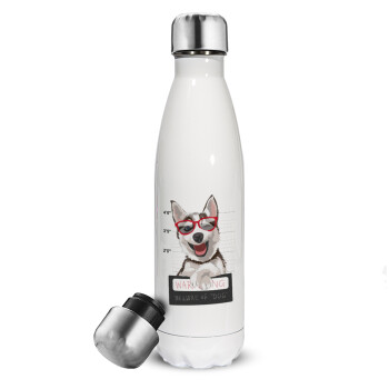 Warning, beware of Dog, Metal mug thermos White (Stainless steel), double wall, 500ml