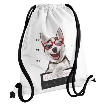 Warning, beware of Dog, Τσάντα πλάτης πουγκί GYMBAG λευκή, με τσέπη (40x48cm) & χονδρά κορδόνια