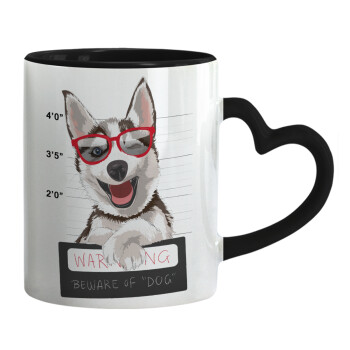 Warning, beware of Dog, Mug heart black handle, ceramic, 330ml